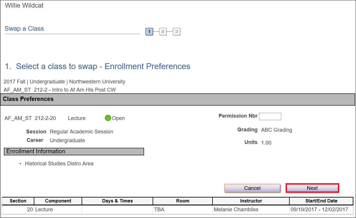 Select a class to swap - Enrollment Preferences